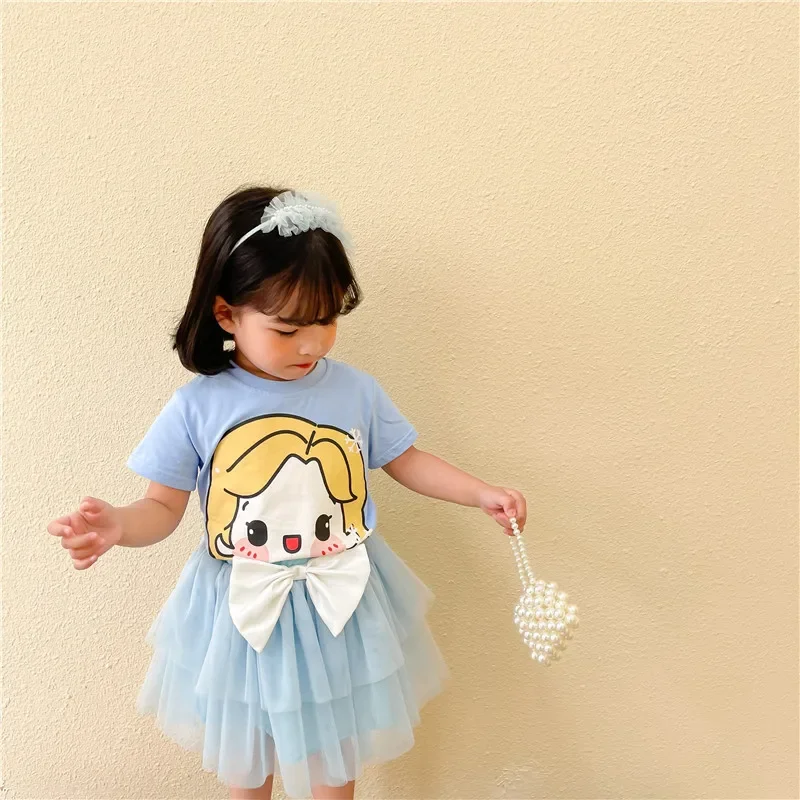 فستان الأميرات المجمد للأطفال 2 إلسا طقم تنورة لحورية البحر ظريف للبنات مكون من قطعتين تي شيرت + تنورة توتو ملابس صيفية على الموضة