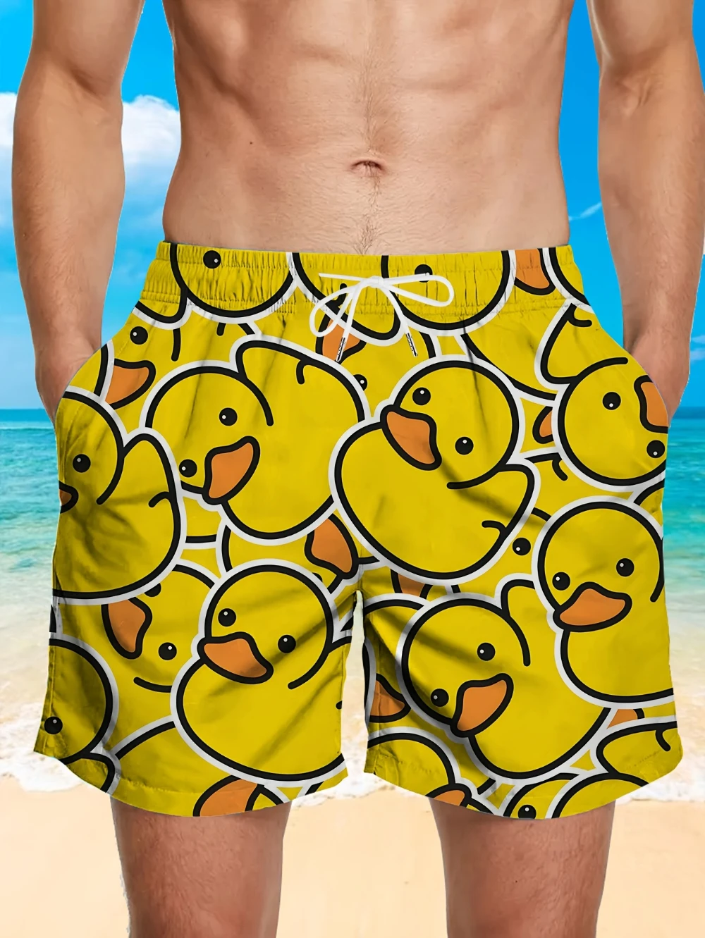 

Men's Tactical Shorts Yellow Duck Print Beach Trunks Quick-drying Print With Pocket Drawstring Fitness Running Leisure Sports
