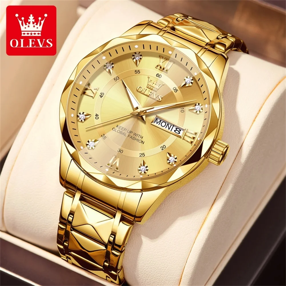 OLEVS 5609 Herrenuhren, original wasserdicht, Edelstahl, leuchtend, Business-Kalender, Quarz-Armbanduhr für Herren