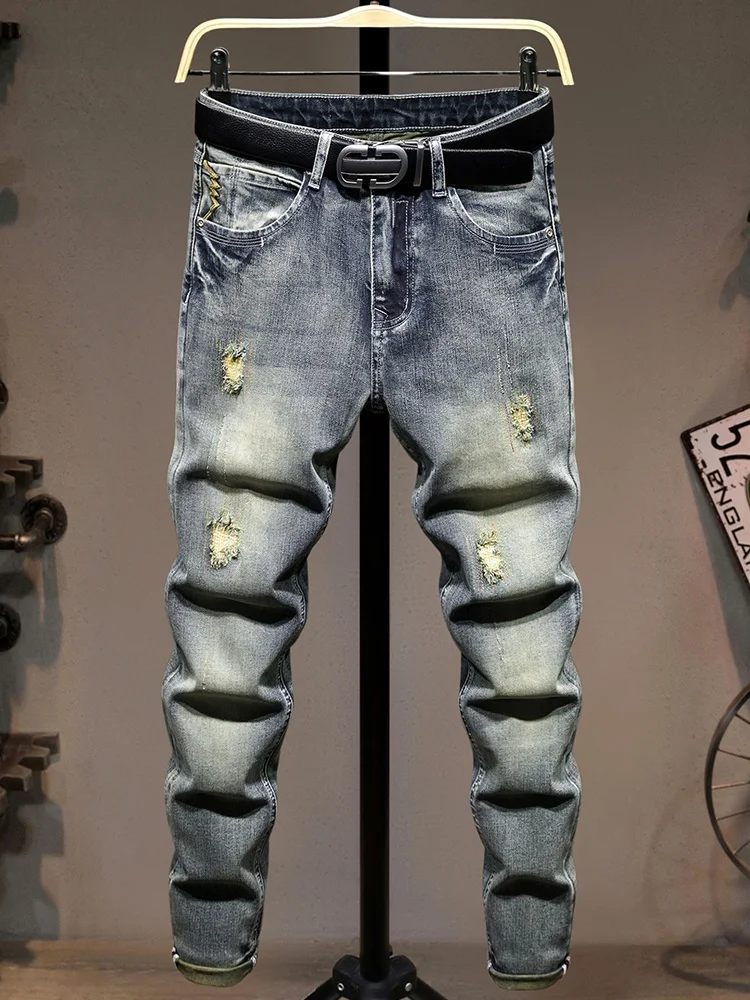 

Модные мужские джинсы из денима с эффектом потертости, плотные, в американском ретро-стиле, зауженные, весна-осень, из хлопка с эластаном