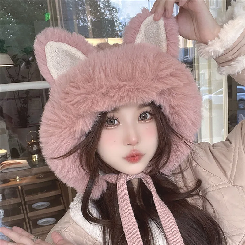 Fox Ear Hat Female Winter Sweet and Cute Knitted Woolen Lei Feng Hat Plush Thick and Warm Northeast Mongolian Hat Ear Protection