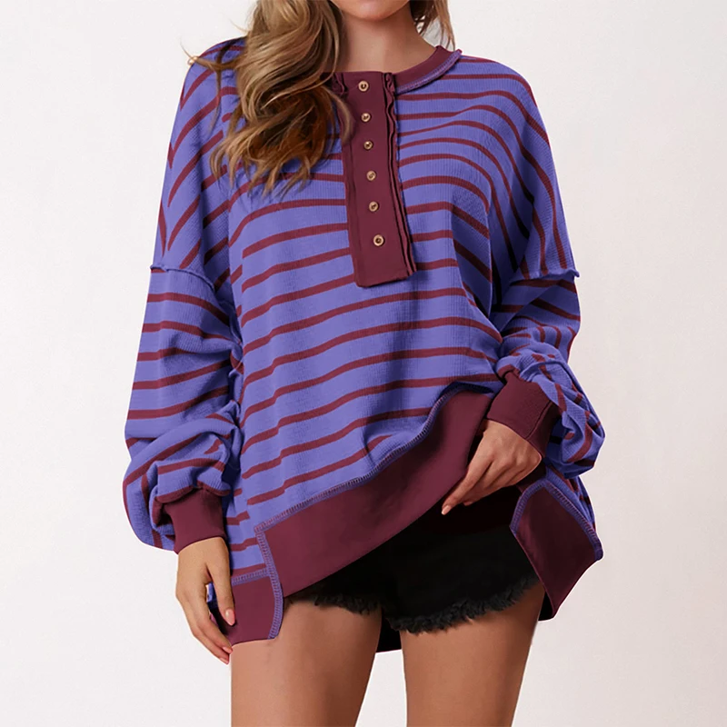 Fall Trendy Women’s Striped Colour Block Waffle Sweatshirts Henley Button Up Contrast Oversized Pullover Casual Y2K Streetwear