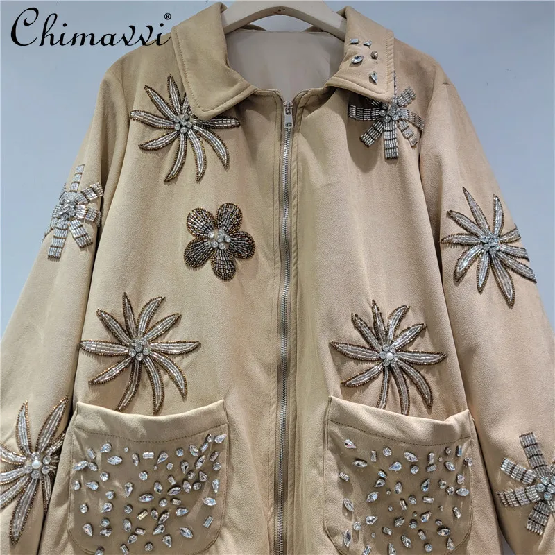 2025 Autumn New French Fashion High-end Heavy Handmade Diamond Lapel Jacket Top Fashion Imitation Deerskin Velvet Coat Top