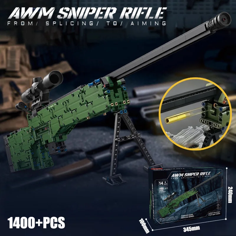 

Военная серия, 1400 деталей, строительные блоки AWM, снайперская винтовка, армейское оборудование, сборная модель оружия, игрушки для детей, подарки для мальчиков