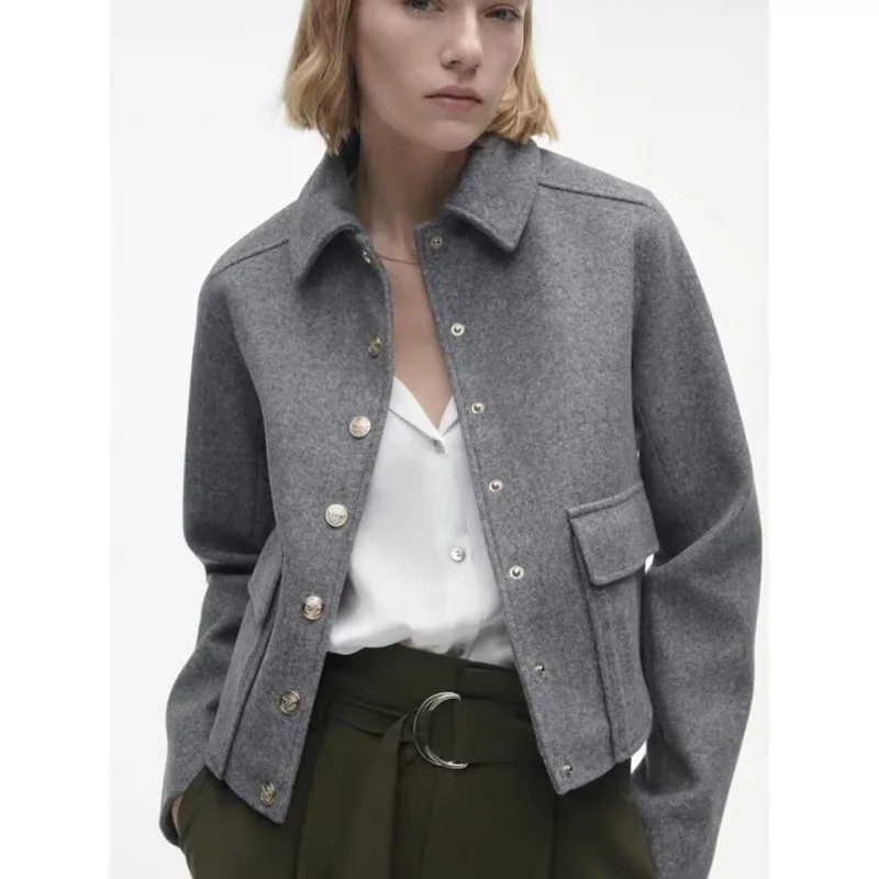 

Spring Women Elegant Grey Cropped Coat Metal Button Lapel Jacket Coats with Pockets Women Streetwear Fashion Chic Tops