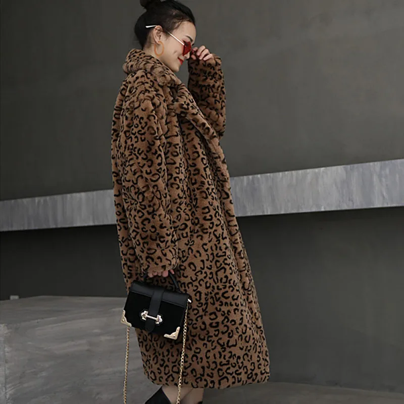 1.7kg-1.9kg Weight Winter Thick Warm Leopard Long Teddy Fur Coat Women Outerwear Loose Suit Collar Faux Rabbit Fur Jacket Female