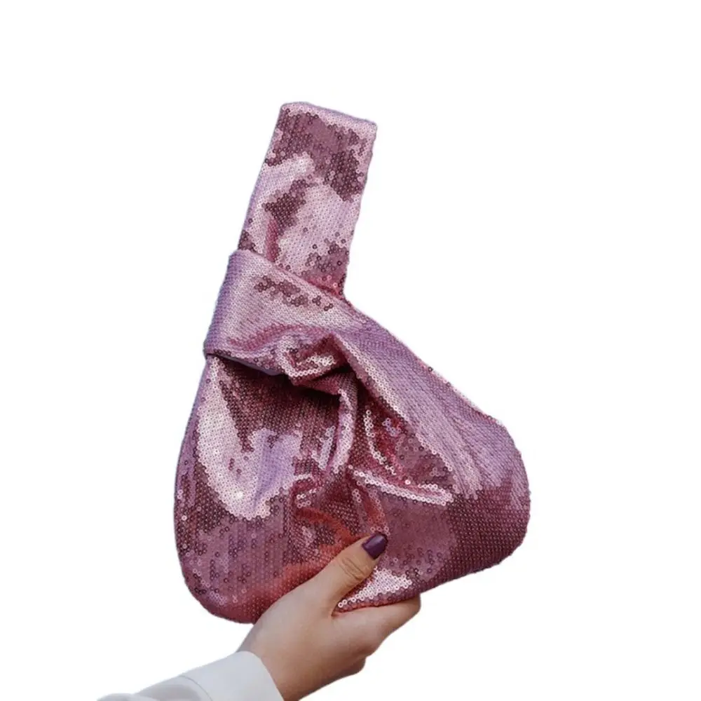 

Casual Glitter Knot Wrist Bag Korean Style Bucket Bag Sequin Handbag Solid Color Evening Clutch Tote Bag Girl