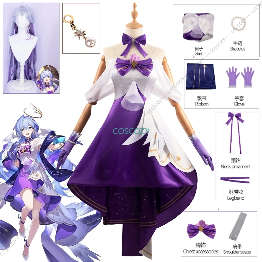 Jeu Honkai: Star Rail Music Interdit Costume, Robe violette, Bracelet, Boucles d'oreilles, Perruque trempée, Hmatte, Tenue de fête pour femme