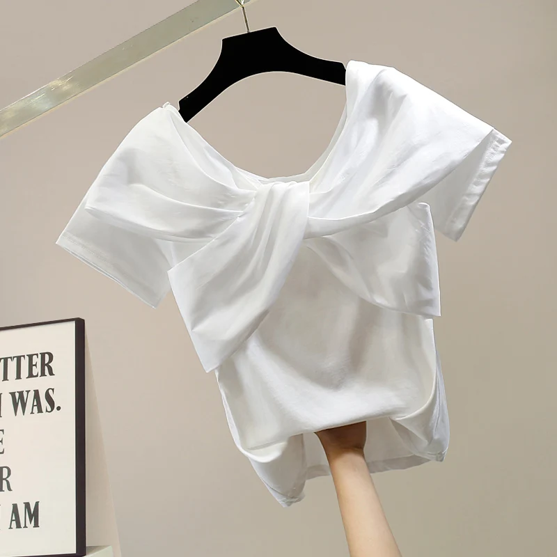 

Корейская футболка с коротким рукавом и декоративным узлом, универсальная, летняя, новинка, для повседневной носки, из хлопка.