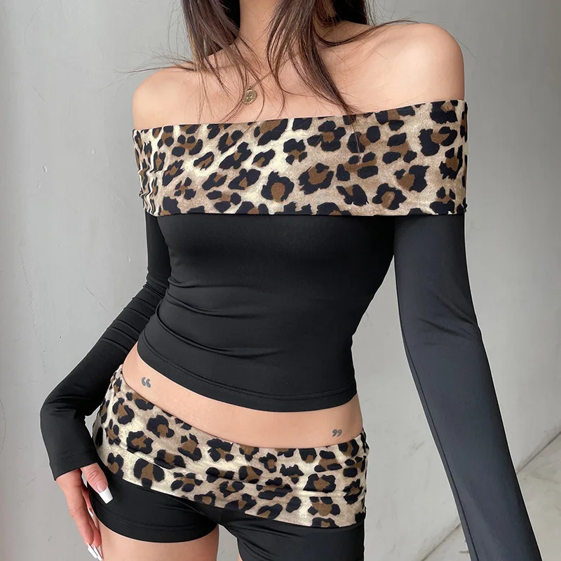 Chic Leopard Printed Patchwork Crop Top for Women Aesthetics Off Shoulder Long Sleeve T Shirts 2024 Spring Summer New Streetwear