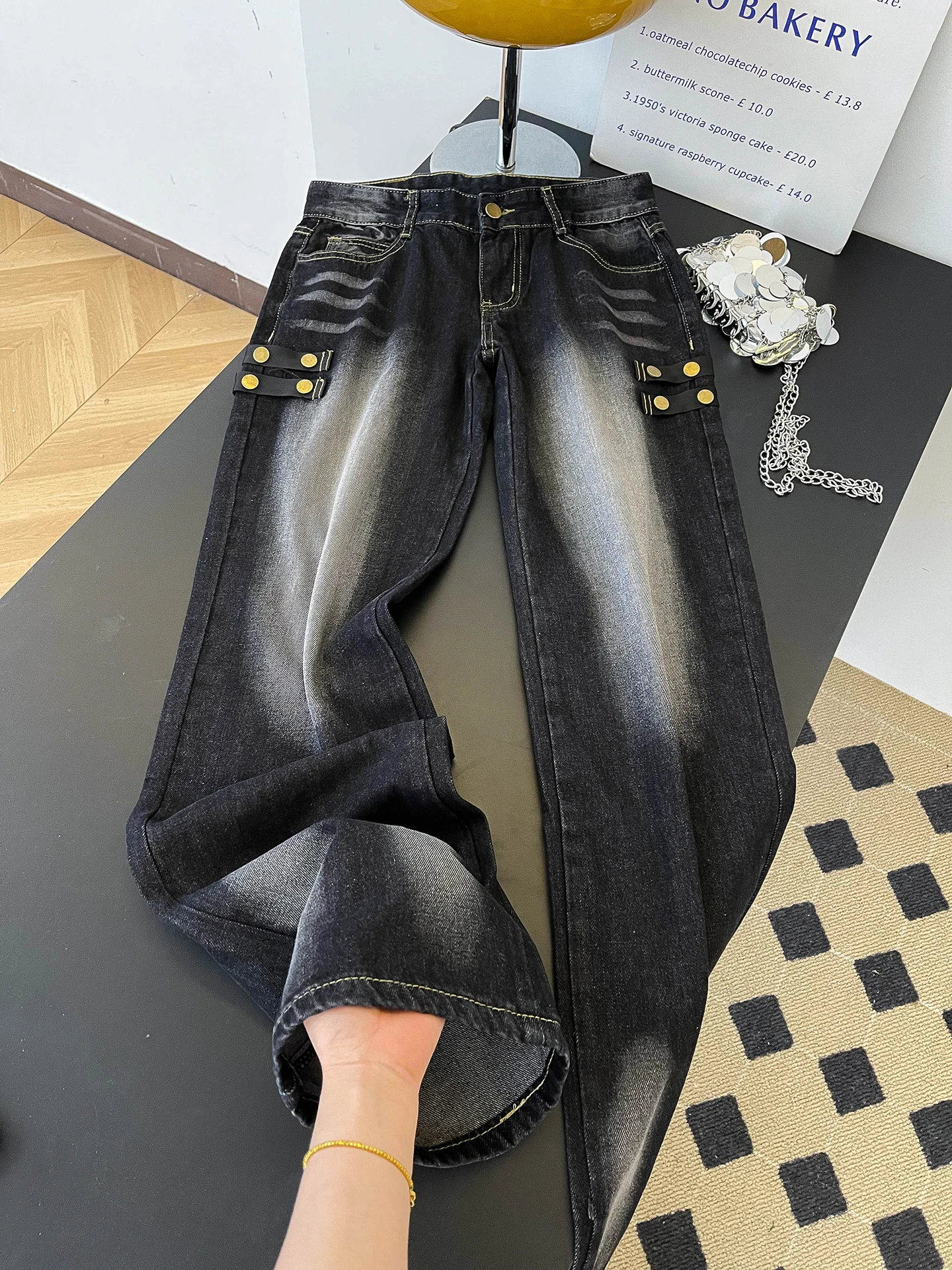 

Retro Distred Straight Leg Jeans Women's Spring Season Bla ey Heavy Design Sense Denim Pants Casual Comfortable Fit