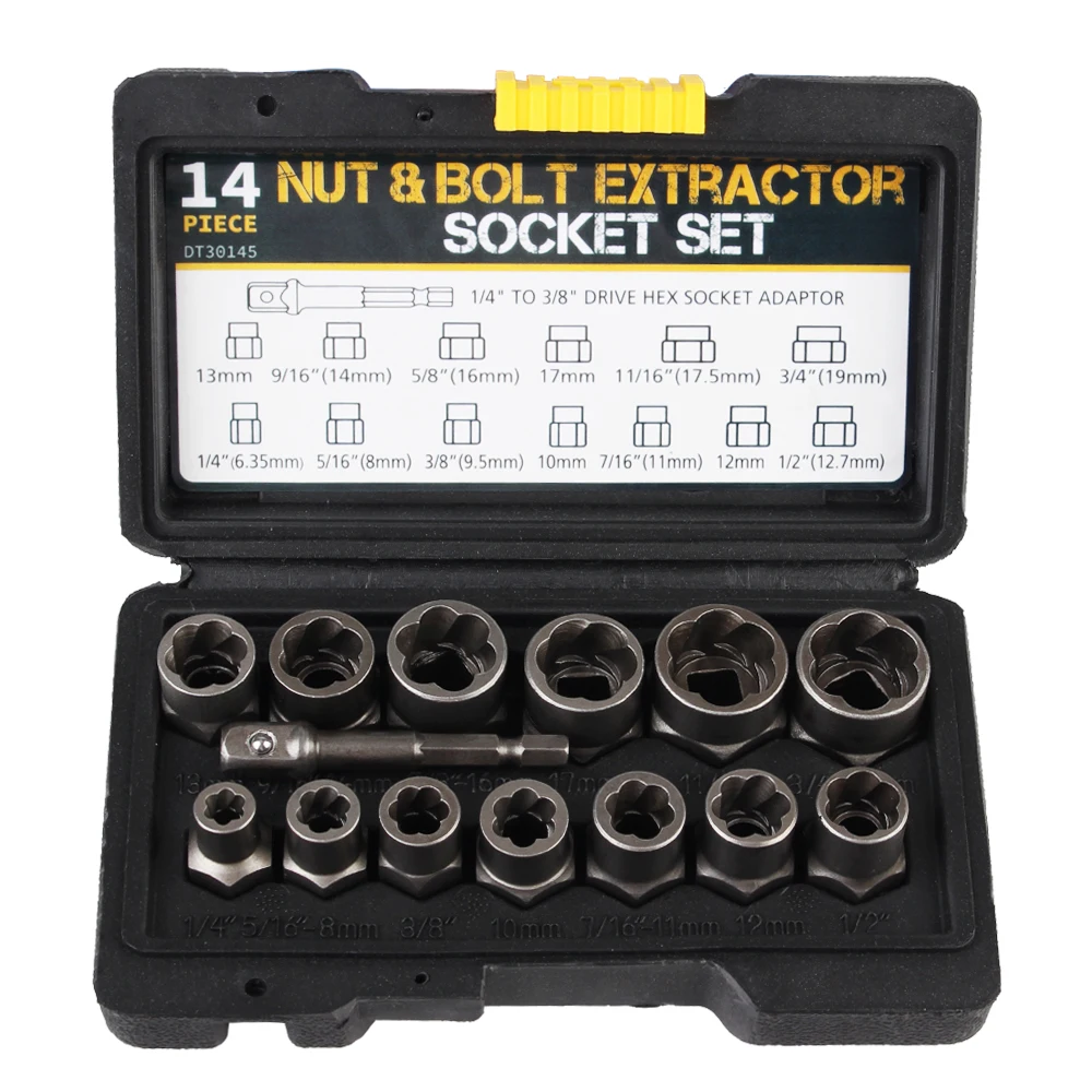 Car Tool Kit Hand Tools 6.35mm-19mm Bolt Nut Remover Socket Set 14pcs Damaged Screw Extractor Cr-Mo Steel