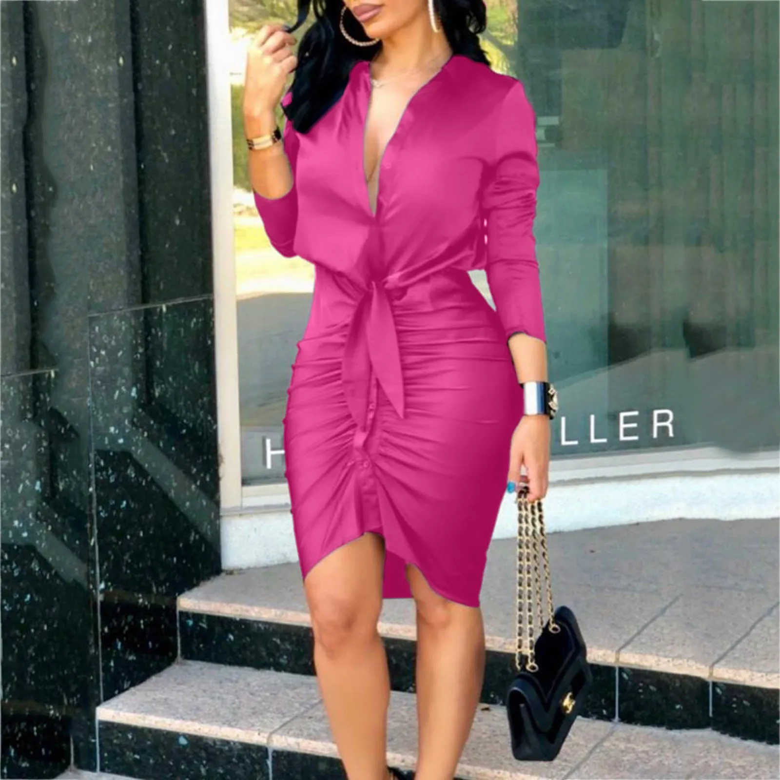 

Autumn Ruched Irregular Mini Shirt Dress V-neck Tie Solid Color Printing Long-sleeved Dresses Sexy Women Bodycon Dress Clothing