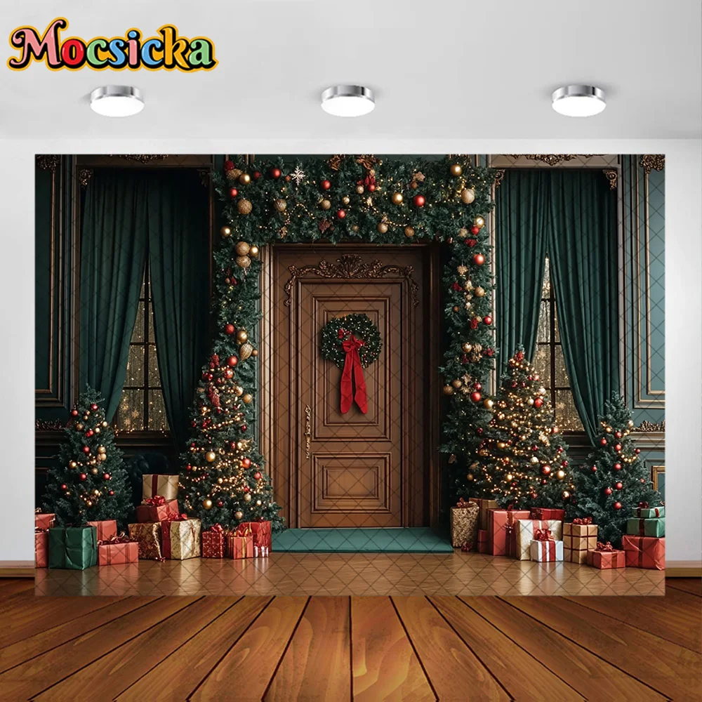 Mocsicka التصوير خلفية عيد الميلاد باب غرفة شجرة الديكور الأسرة عيد الميلاد عطلة صورة خلفيات الصور للصور