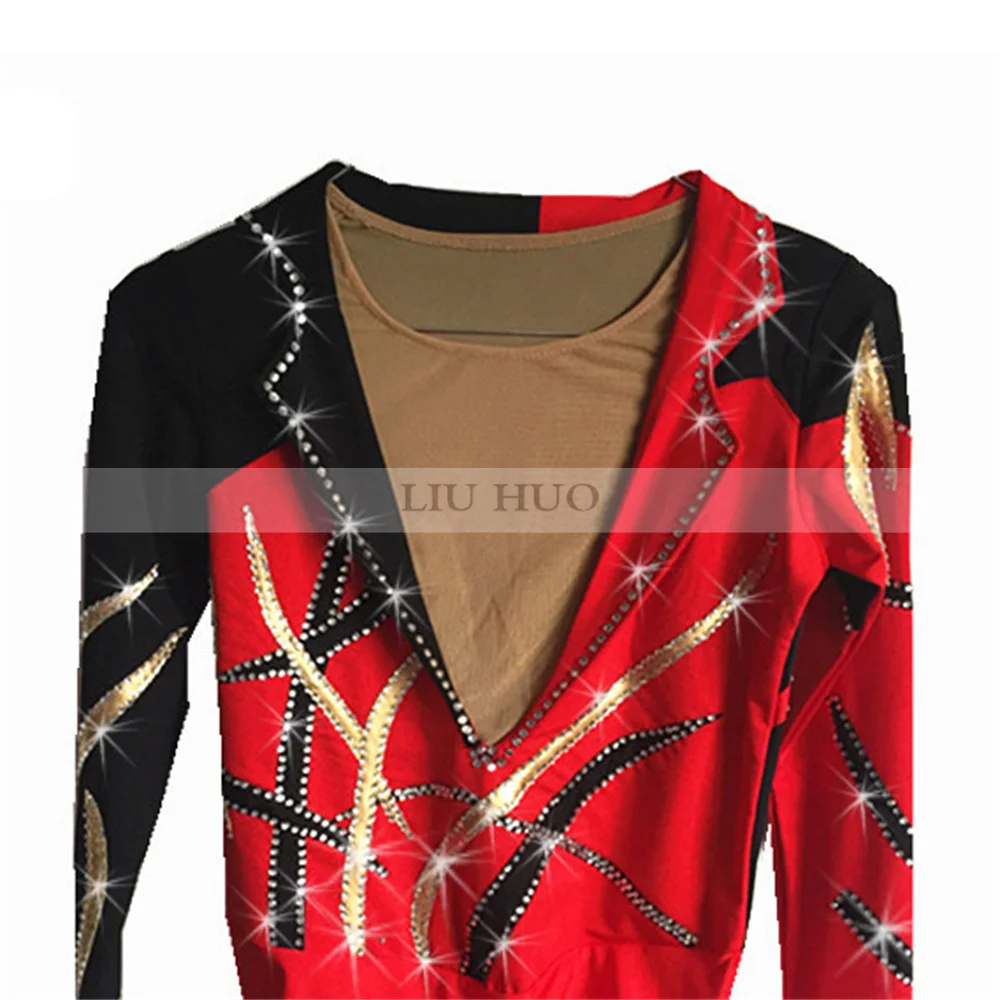 Figure Skating Top Men Boy Ice Shirt Red Spandex Rhinestone Costume High Elasticity Performance Wear Roller Leotard Competition