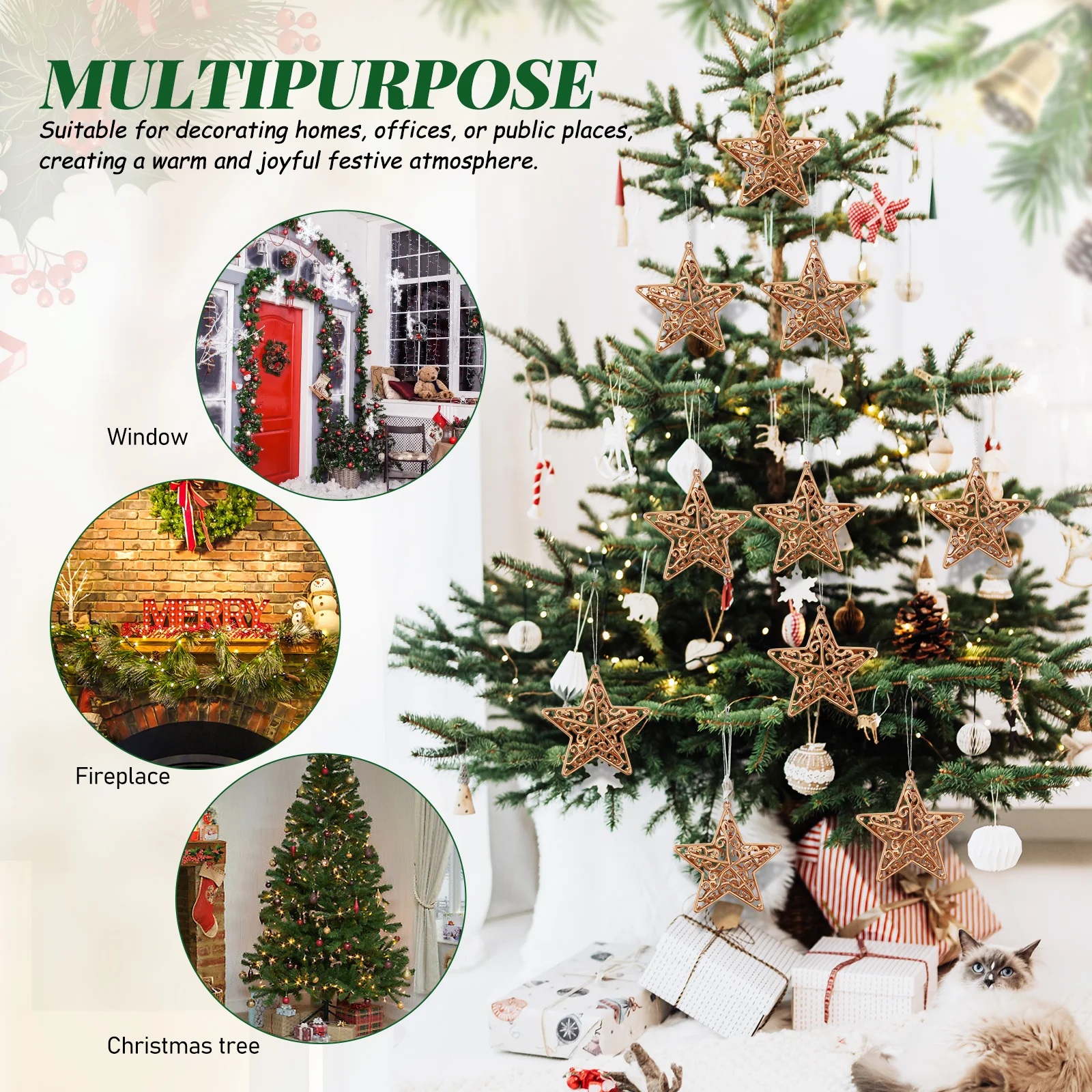 

18pcs Glitter Star Hanging Decorations Flash PVC Wall Ornament Home Entryway Holiday Pendant Lightweight 3D Five Pointed Tree