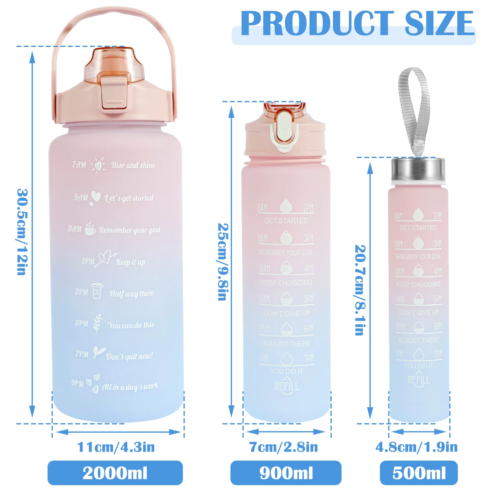 3Pcs Water Bottles Set Portable Drink Bottle Outdoor Sports Water Jug Motivational Drink Bottle with Time Marker For Gym Fitness