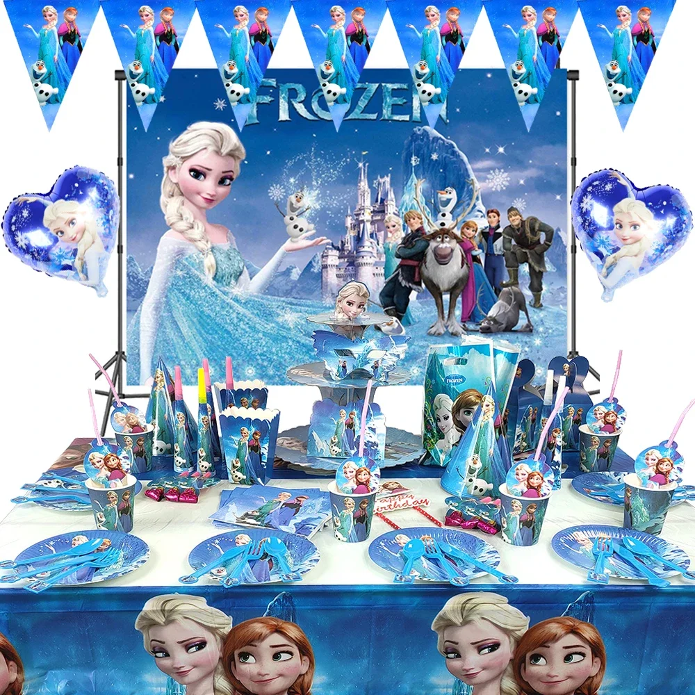 

Cartoon Frozen Elsa Theme Kids Birthday Party Decorations Tablecloth Paper Plate Flags Banner Party Supplies Set Baby Shower