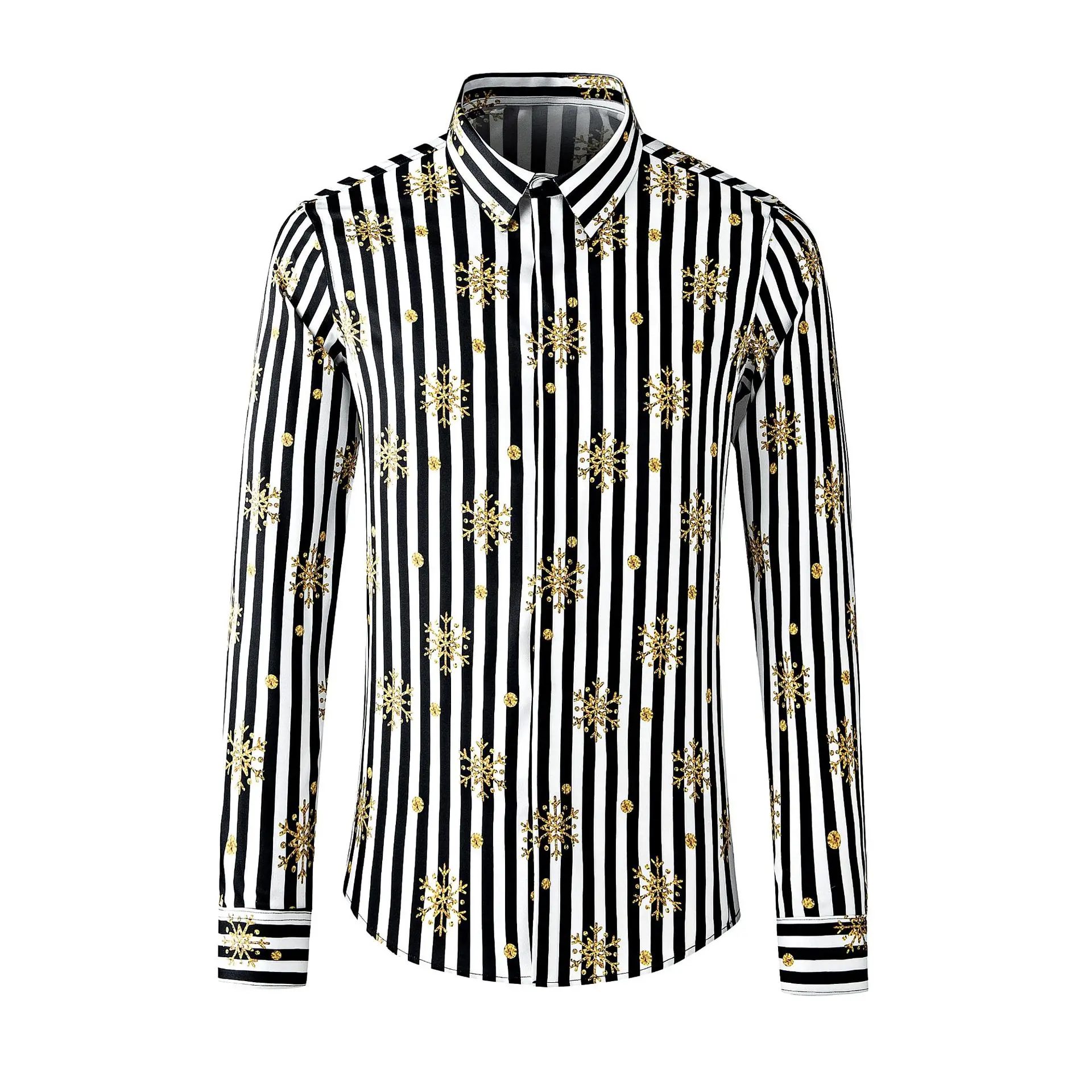 

2023 Brand Striped Shirts Men Golden Snowflake Long Sleeve Slim Casual Business Dress Shirts Social Party Tuxedo Streetwear