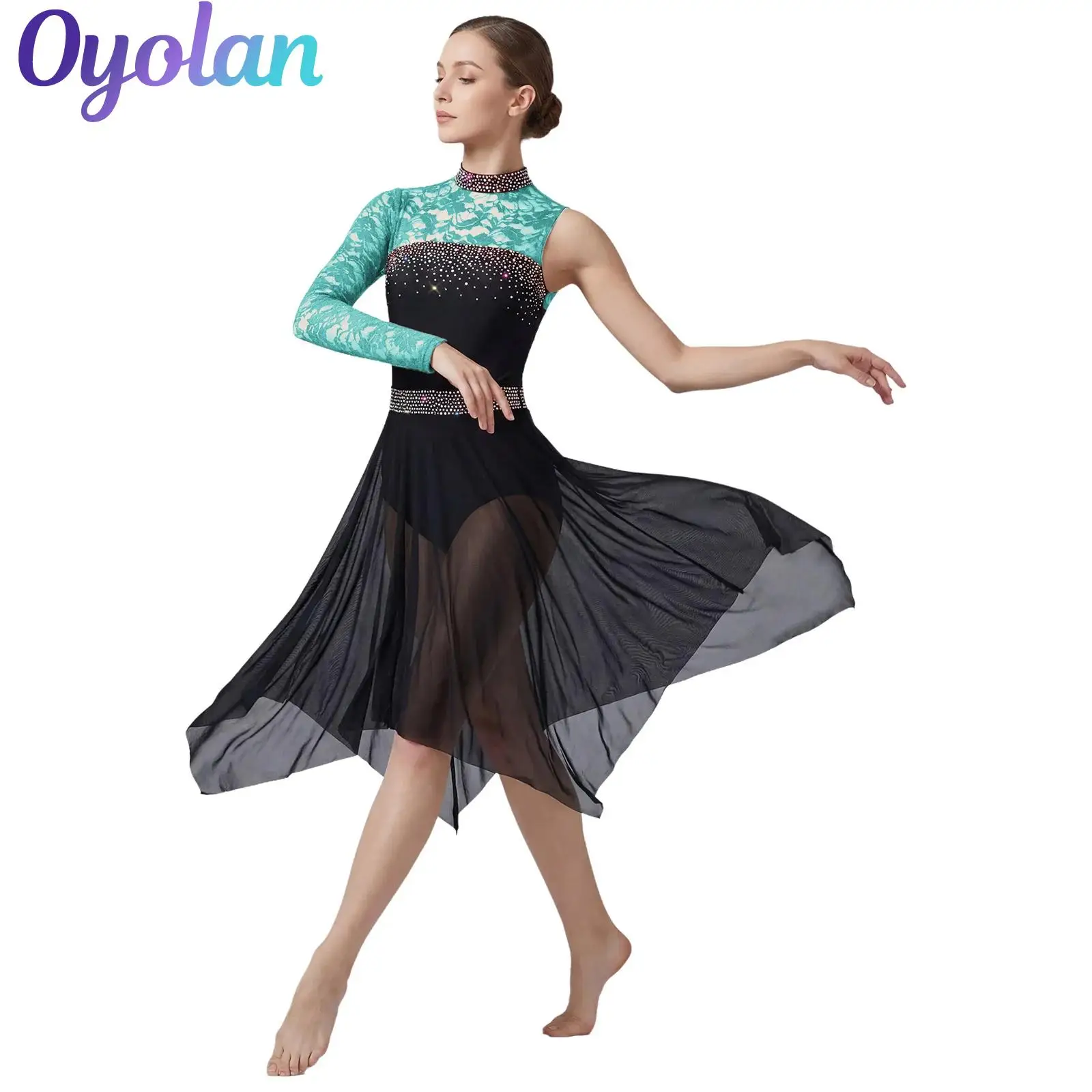 

Womens Rhinestones Gymnastics Ballet Lyrical Dance Waltz Leotard Dress Floral Lace Irregular Mesh Hem Performance Outfit Costume