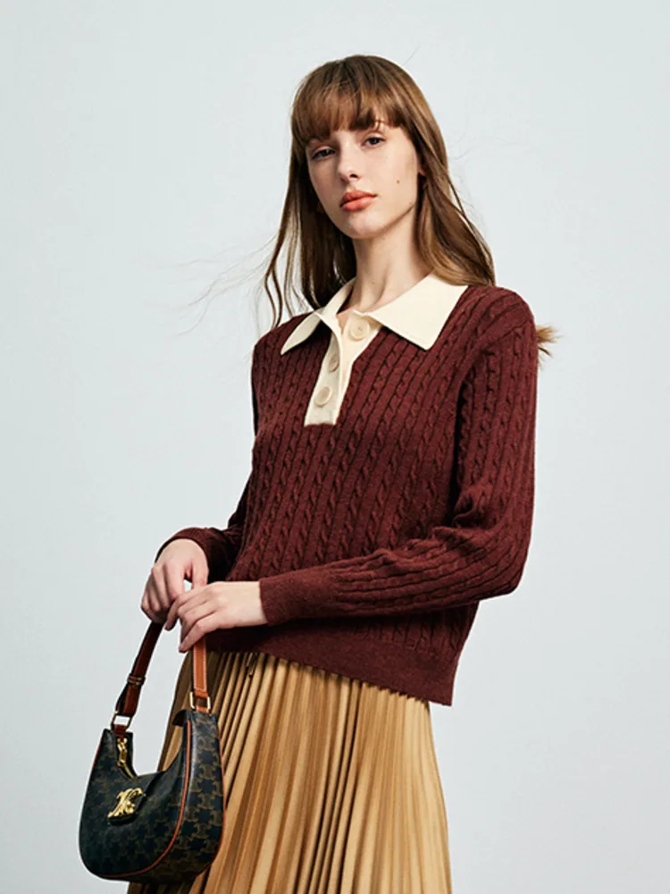 EACA 2024 Fall New Collegiate Style Color Contrast Polo Collar Sweater With Knitted Top Female Fashion Temperament