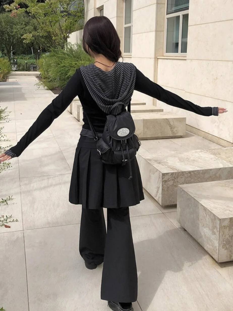 Unique SEI Korean Sle Long Sve Hooded Striped Patchwork Button Women's T-irt Casual Skirt Pants Autumn Winter Faion