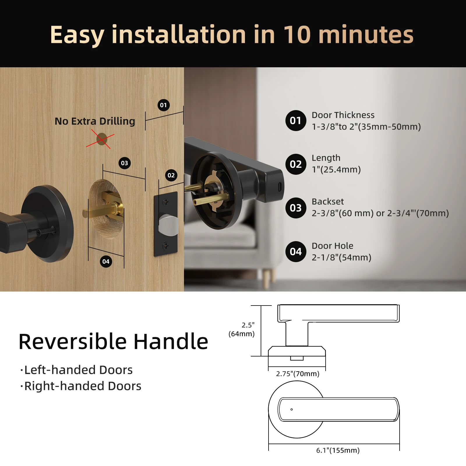 Viladepot Handle Shaped Smart Lock Fingerprint Door Lock App Control Passcode Unlock Electronic Touchscreen Keypad Indoor