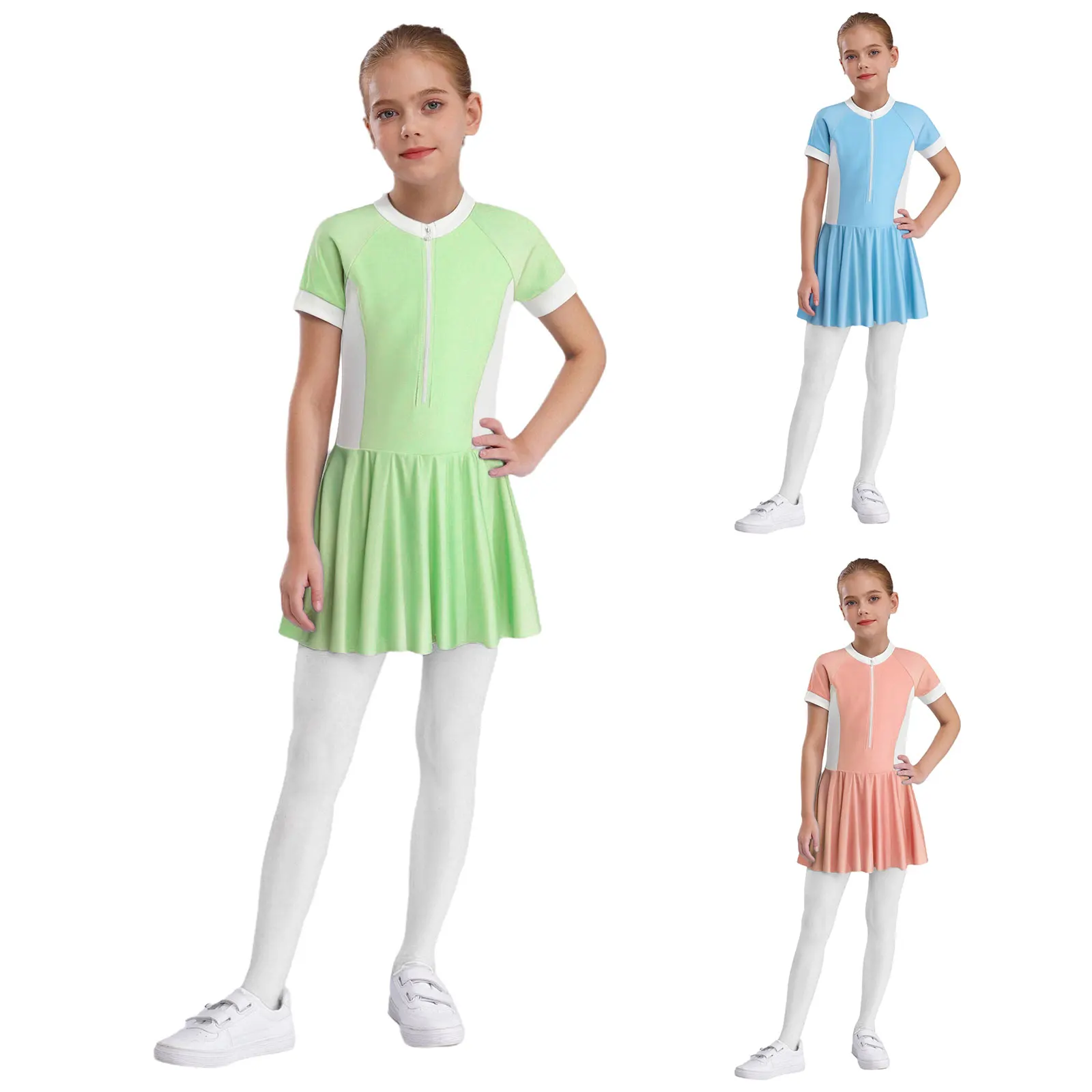 

Kids Girls Water Sports Swimwear Front Zipper Short Sleeves Swimsuit Swim Dress with Safety Shorts Summer Beachwear Bathing Suit