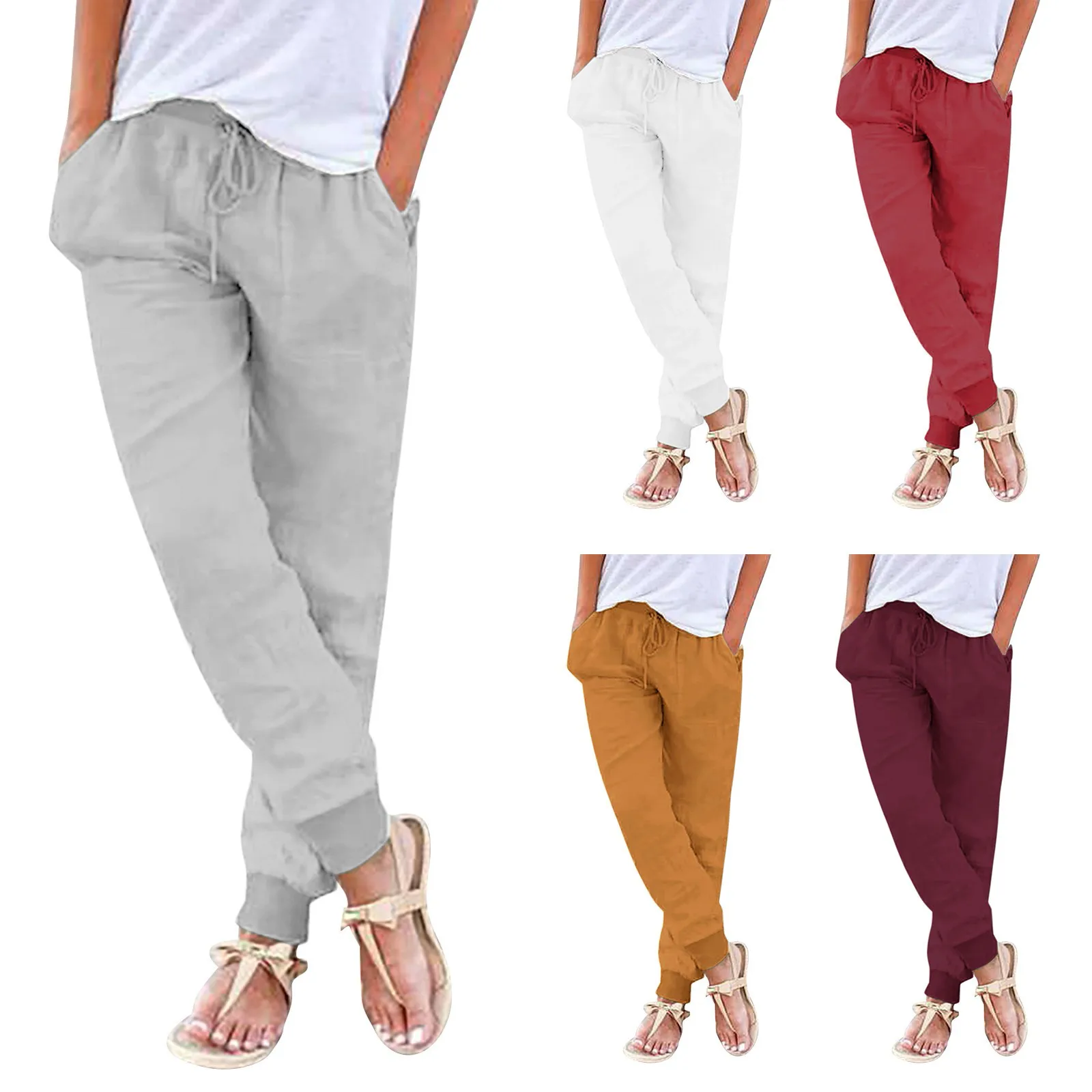 

Womens Pants Drawstring Back Casual Cotton Pants 2024 Summer Female Straight Trousers Solid Color Drawstring Ladies Long Trouser