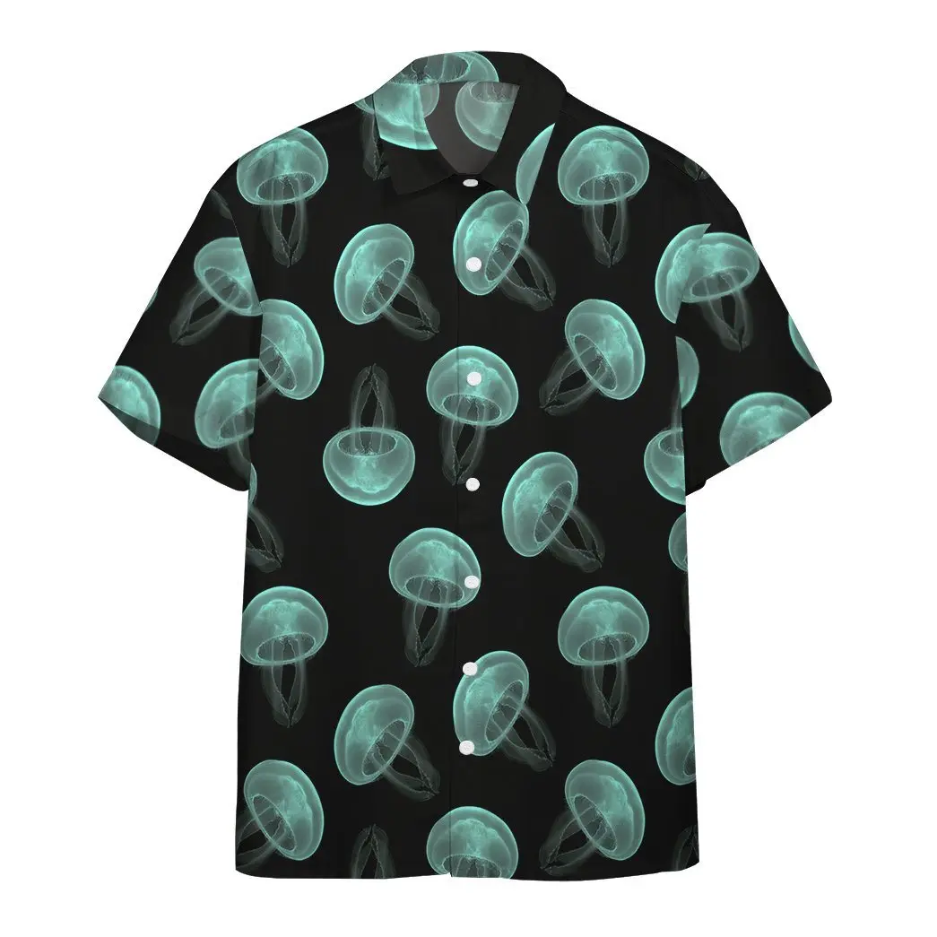 

Glow-in-the-dark jellyfish print men's short-sleeved shirt Hawaiian men's casual lapel top 2024 new large size casual men's shir