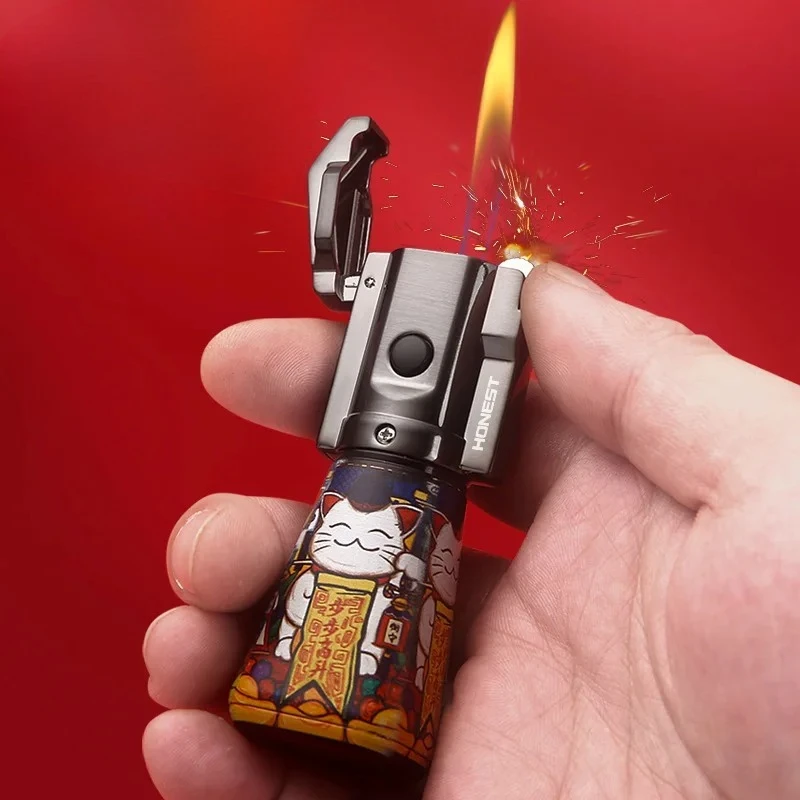 Windproof Inflatable Blue Flame Cigar Lighter with Grinding Wheel Direct Injection Trendy Metal Lighter for Wholesale