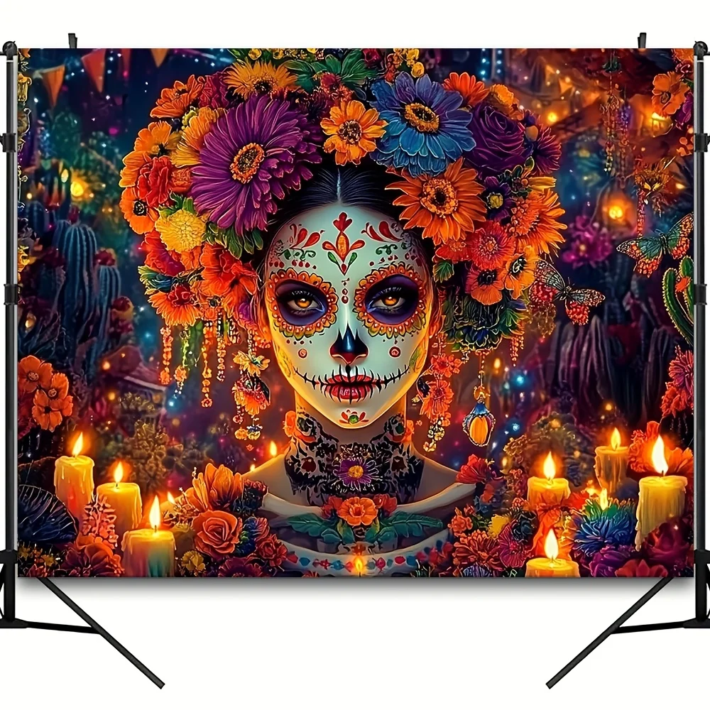 1 ديكور حائط يوم الموتى بألوان زاهية، مناسب لخلفيات حفلات العطلات المكسيكية، دعائم كشك الصور #5