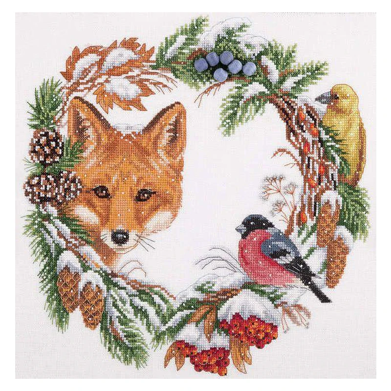 Amishop-Gold Collection Counted Cross Stitch Kit, Winter Wreath, Fox Robins, Fruit Flower, Panna, PS-1775