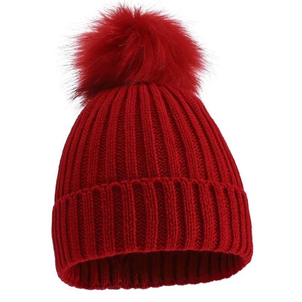 Solid Color Ribbed Knit Beanie Single Pom Pom Faux Fur Winter Beanie Hat Thick Warm Windproof Faux Fur Pom Beanie For Men