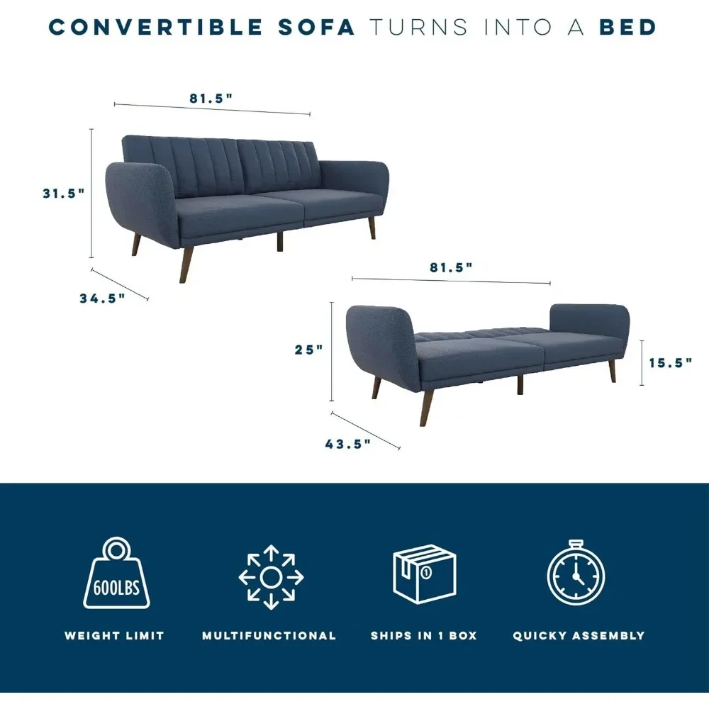 Sofá futon linho azul linho premium Estofos e pernas de madeira