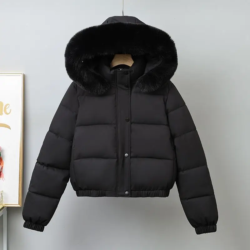 

Winter Short Parkas Women's Cotton-padded Clothes Fleece Lining Thicken Warm Outerwear Fur Collar Removable Hooded Quilted Coat