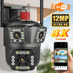 กล้องวงจรปิด8MP HD PTZ WIFI 4K 12MP 6K สามหน้าจอซูม8X ความปลอดภัยป้องกันการเคลื่อนไหวของมนุษย์ตรวจการเคลื่อนไหวกลางแจ้ง