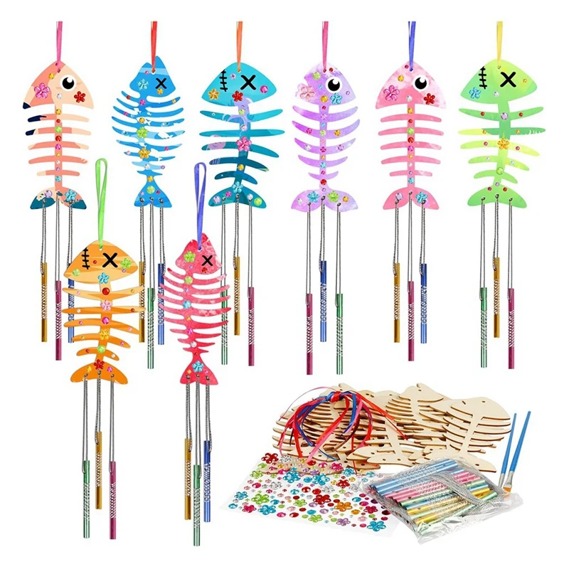 12 Pack Wind Chime Kit Spring Craft for Kids Wooden Arts and Crafts for Girls Boys Make Your Own Fish Wind Chime