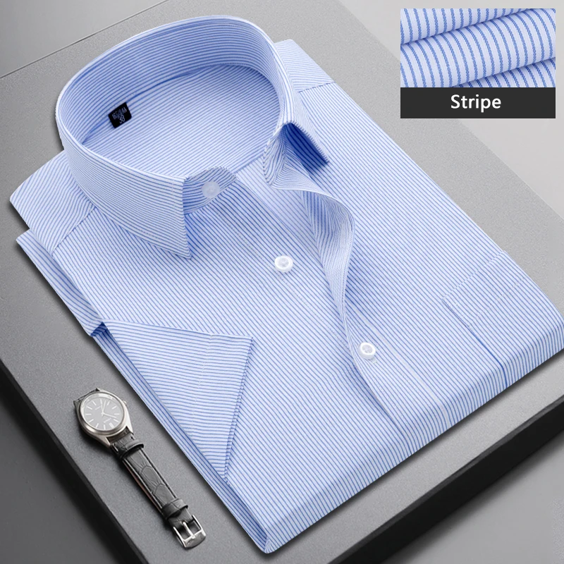 Summer Short-sleeved Men\'s Stripe Shirt Slim Business Classic Lapel Fashion Male Formal Work Shirt Brand Clothing M-5XL