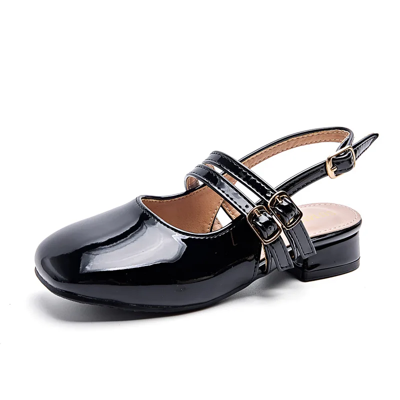 

ULKNN Girls Summer Sandals Square Toe Children Fashion Princess Black Shoes Kids Slingback Sandals Low Heel Pumps Dance Shoe