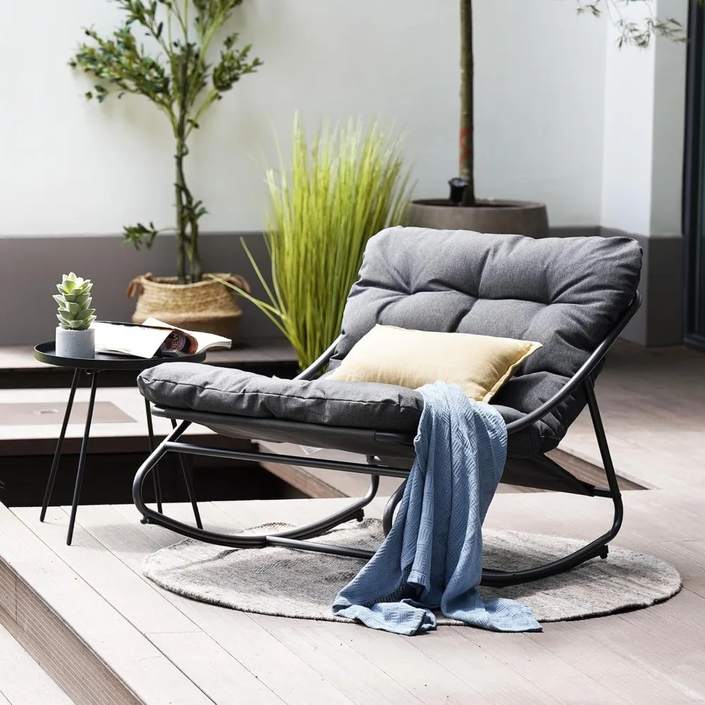 Grand patio Rocking Chair Indoor and Outdoor, Metal Patio Lounge Rocking Chair with Thick Cushion, Comfy Modern Rocker for Livin