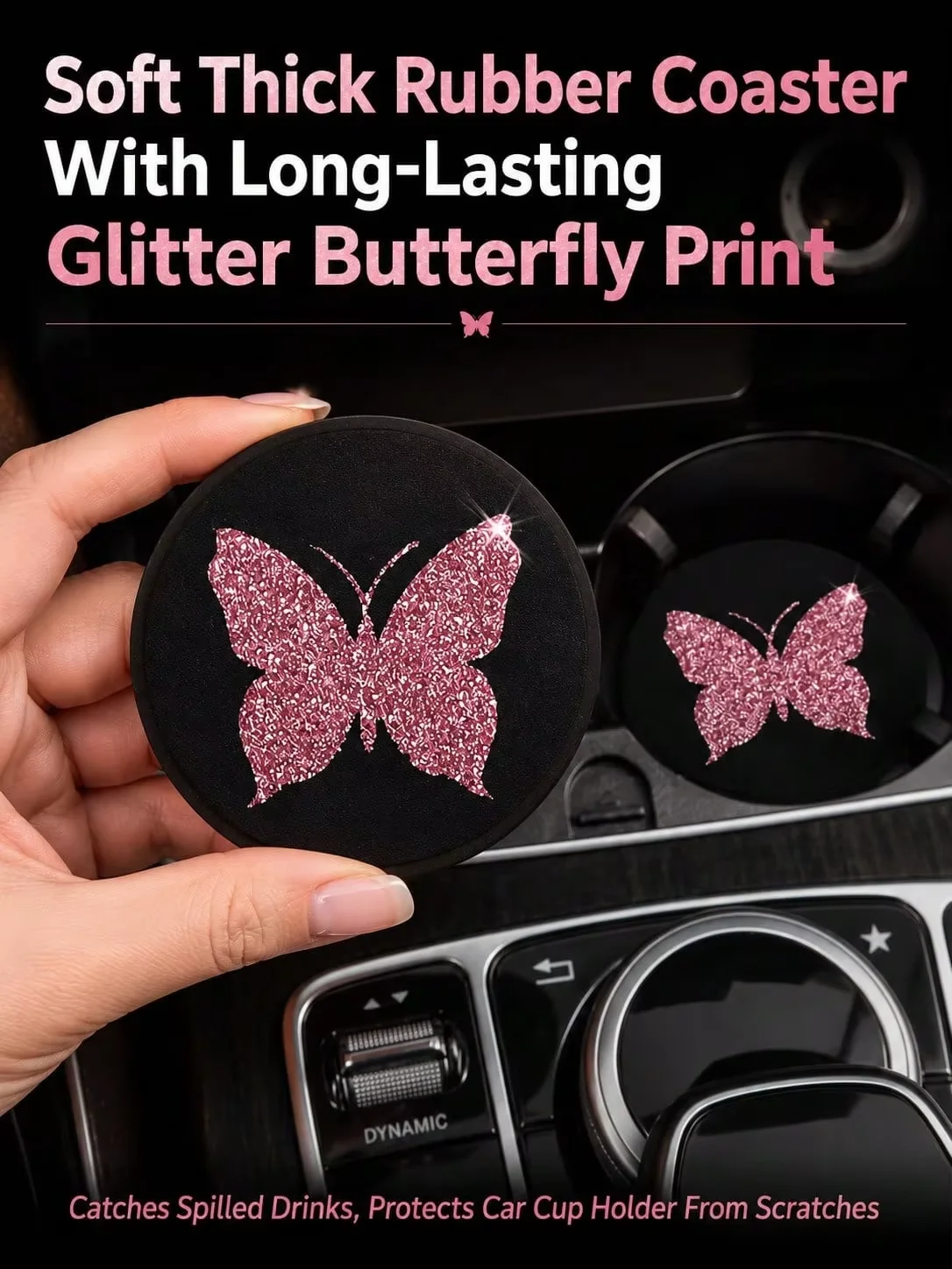 Glitter Butterfly Car Cup Mat, Thick Non-Slip Rubber Coaster, Spill-Proof Scratch-Resistant Cup Holder Liner for Women Auto