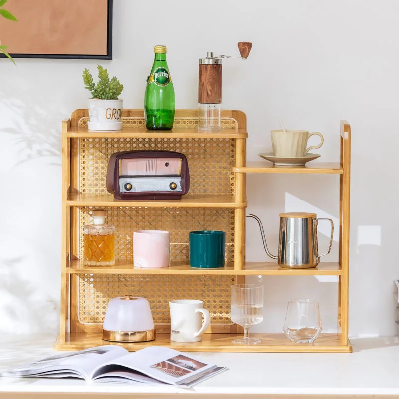 

Stable Japanese-style desktop shelf, kitchen simple storage rack, log feng shui cup, mug, multi-layer cup holder, display shelf