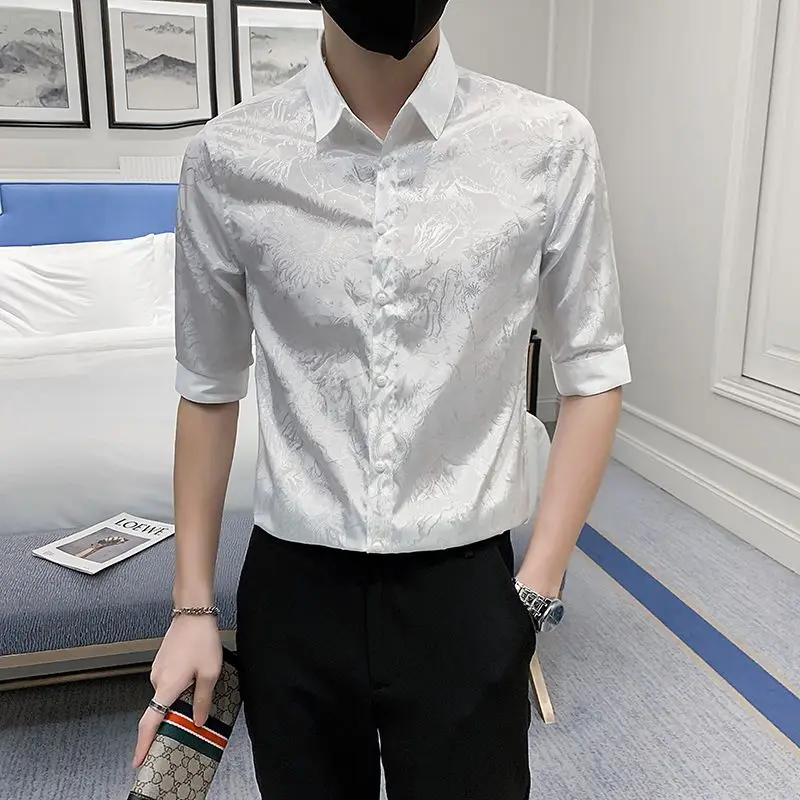 

Summer 2024 New Men's Splicing Turndown Collar Button Print Solid Color Comfortable Slim Fit Fashion Casual Long Sleeved Shirts