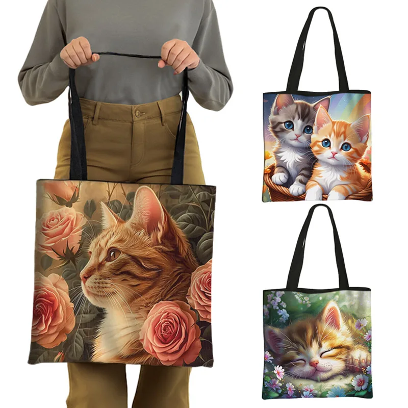 Cartoon Flower Cat Print Tote Bags Cute Kitten Cats Baby Women Handbag Shoulder Bag Large Capacity Storage Bags Grocery Bag Gift