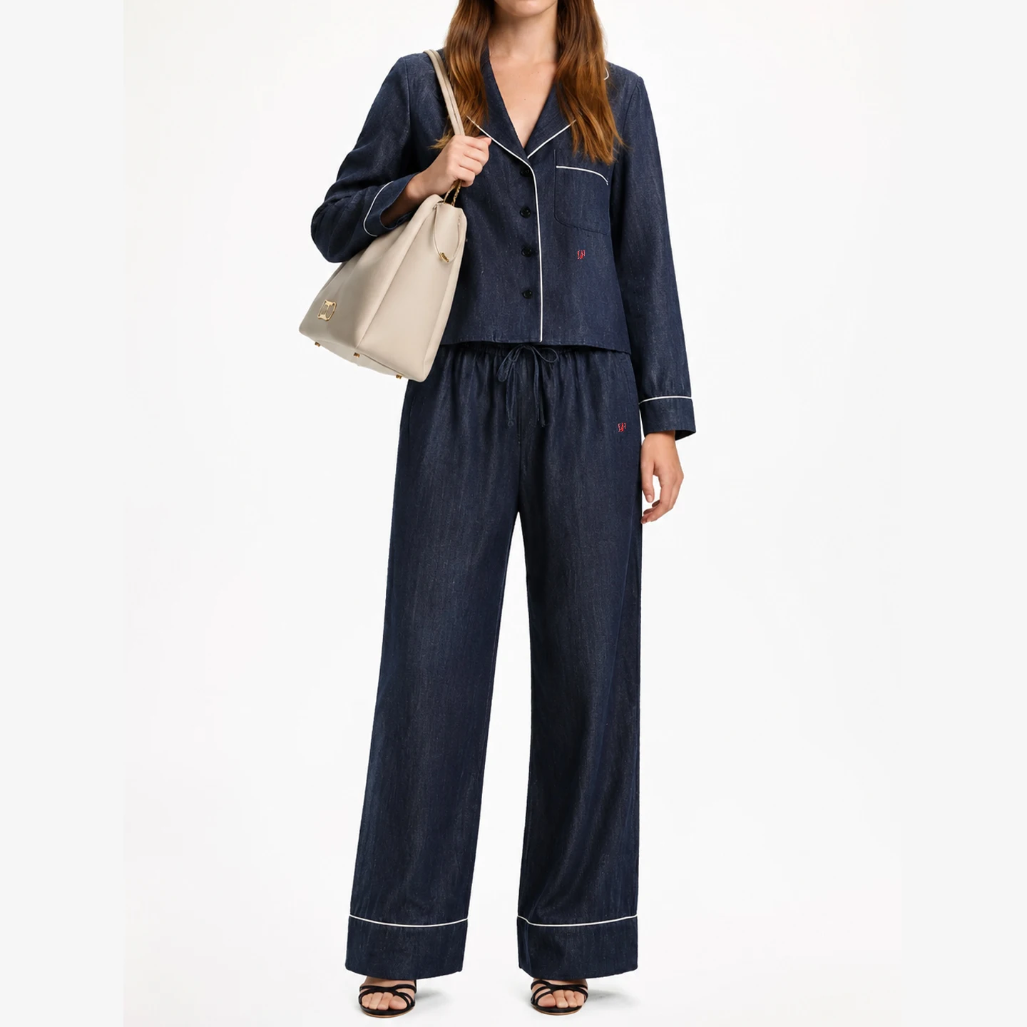 CH Letter Embroidered Solid Color Denim Pajama Set Women Notched Lapel Drawstring Waist Regular Fit Minimalist Chic Loungewear image 3