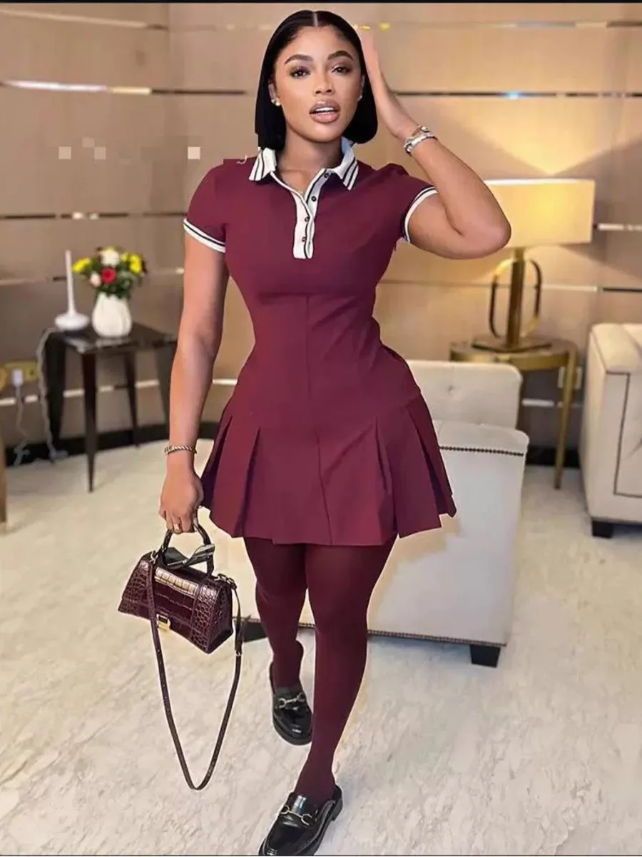 Women Fashion 2025 Spring Summer Burgundy Dress Contrasting Ribbed Lapel Buttons Dress Classic Campus Angola Red Dress 187P