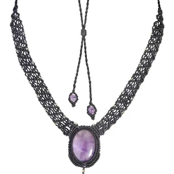 XSM Cabochon Natural Crystal Collar Choker for Women Men Adjustable Nylon Braided Oval Pendant Necklace Healing Stone Jewelry