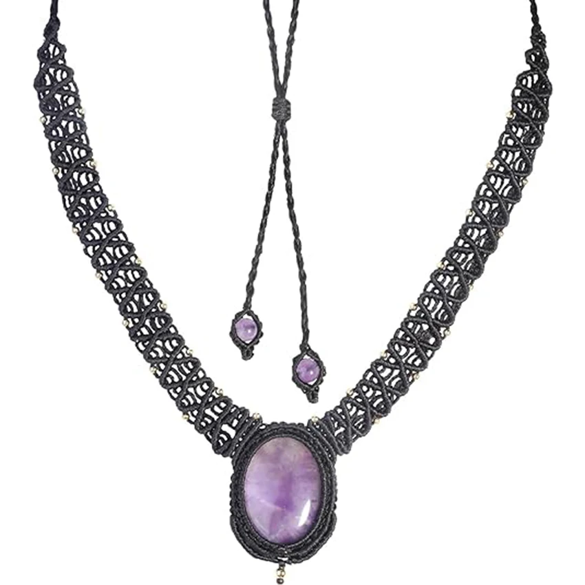 XSM Cabochon Natural Crystal Collar Choker for Women Men Adjustable Nylon Braided Oval Pendant Necklace Healing Stone Jewelry