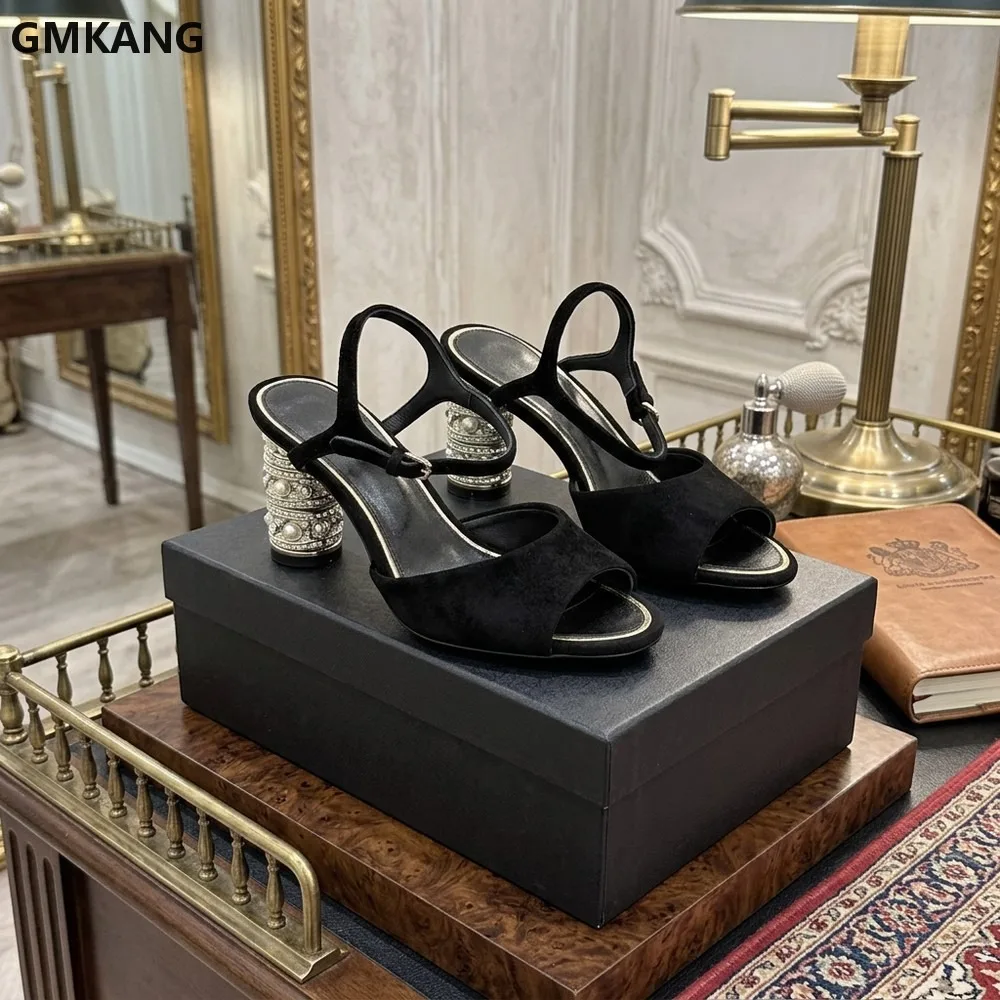 

Women’s Chunky Heel Slip On Sandals Pearl Embellished Round Toe Waterdrop Design Lightweight Comfort Soft Sole Casual Dressy